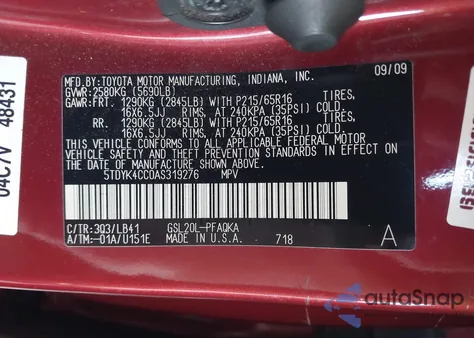 2010 Toyota Sienna Xle z USA, uszkodzony, nr VIN 5TDYK4CC0AS319276